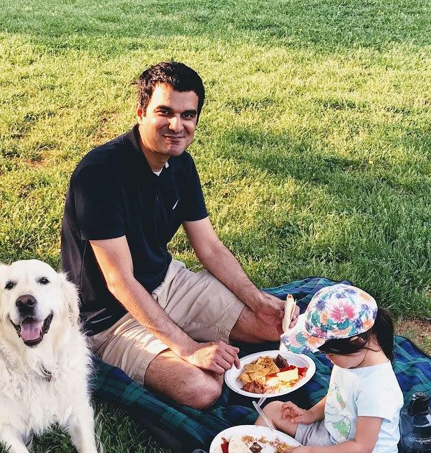 Vivek Dines with Dog and Child