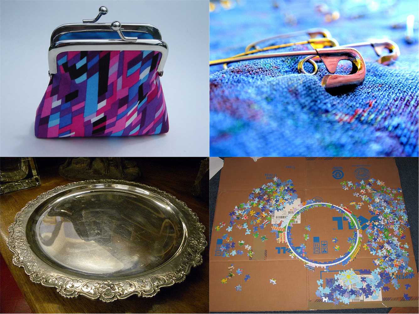 The easiest categories to mimic: ImageNet images of a purse, a safety pin, a jigsaw puzzle, and a tray.