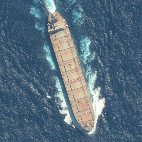 A cargo ship south of Indonesia whose location was predicted seven hours in advance. Satellite imagery (c) 2023 Maxar Technologies.