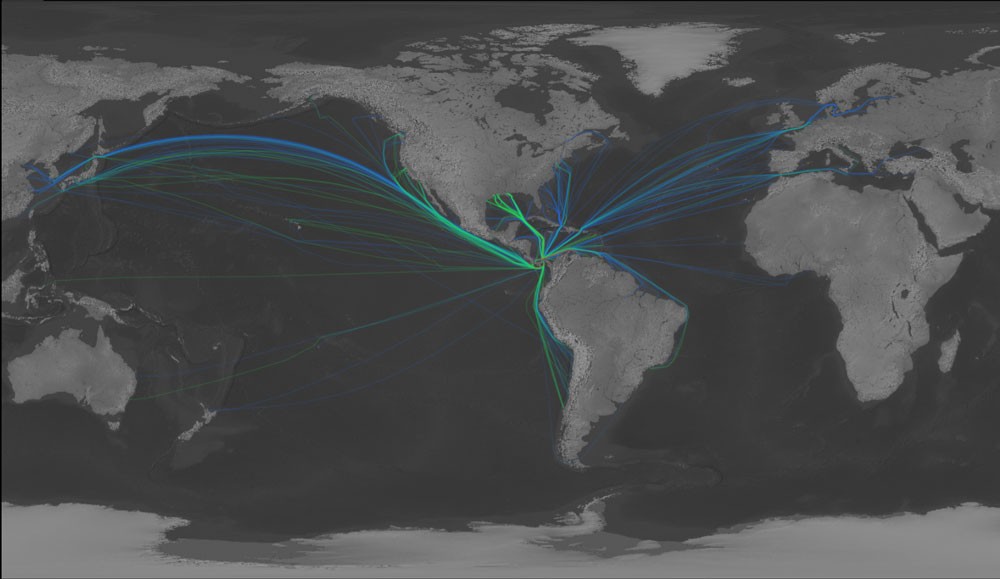 Figure 1: Optix Visualizes Tanker and Cargo Vessel Routes through Panama Canal.